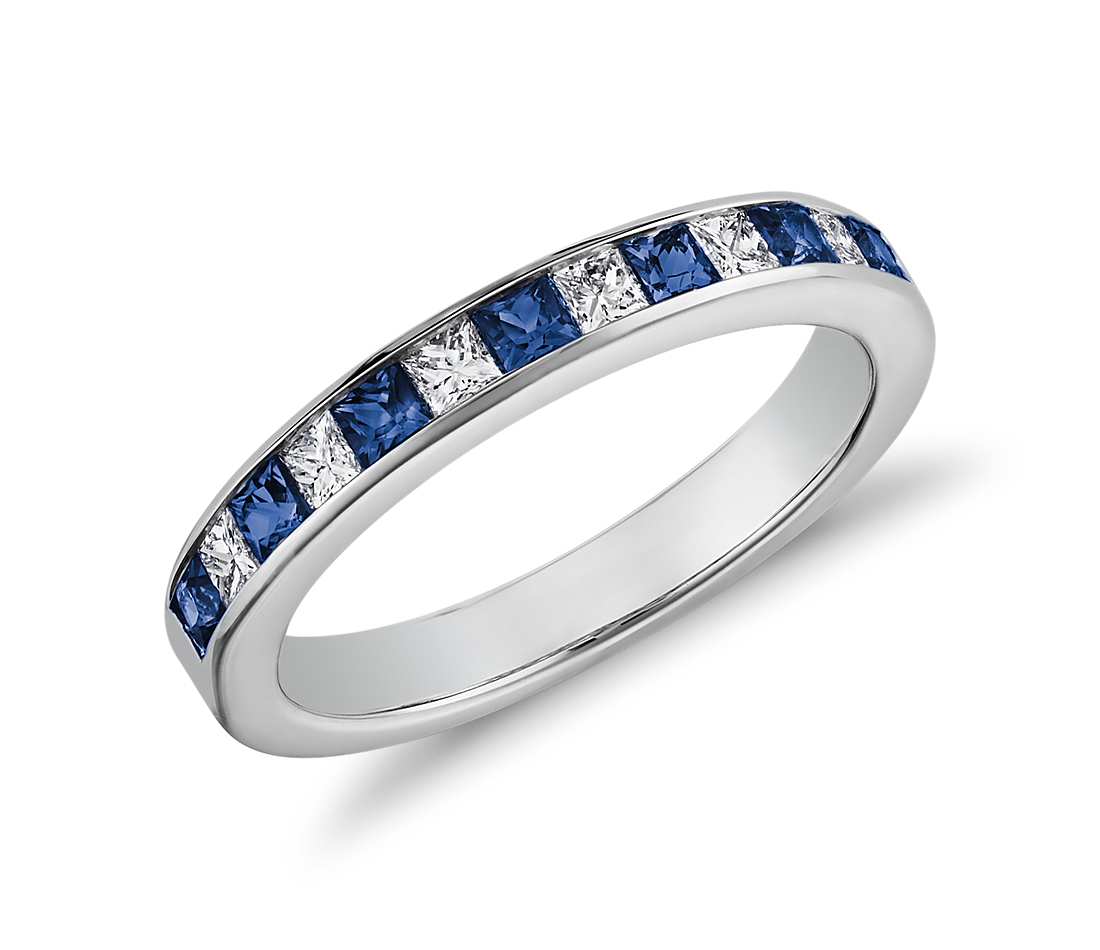 Channel Set Princess Cut Sapphire and Diamond Ring in 18K White Gold Tanary Jewelry